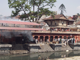 Cremation ghats at the Pashupatinath temple area on the Bagmati River. 